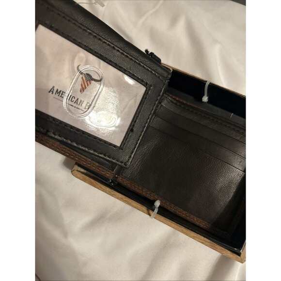 AMERICAN BISON Genuine Brown Leather Wallet Stitching Metal Logo Bifold Western - Picture 2 of 9